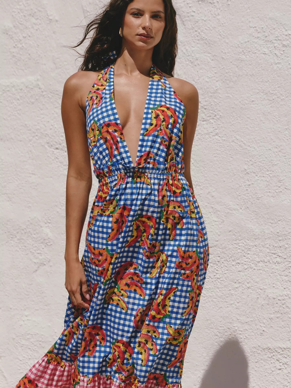 Farm Rio Gingham Banana Print Halter Maxi Dress β Size L - Picture 2 of 3